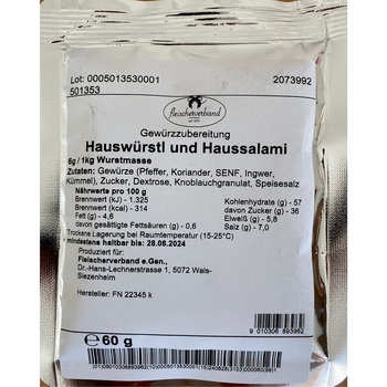 Hauswürstel und Haussalmi ohne Salpeter 60 g