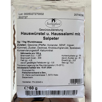 Hauswürstel und Haussalmi mit Salpeter 60 g