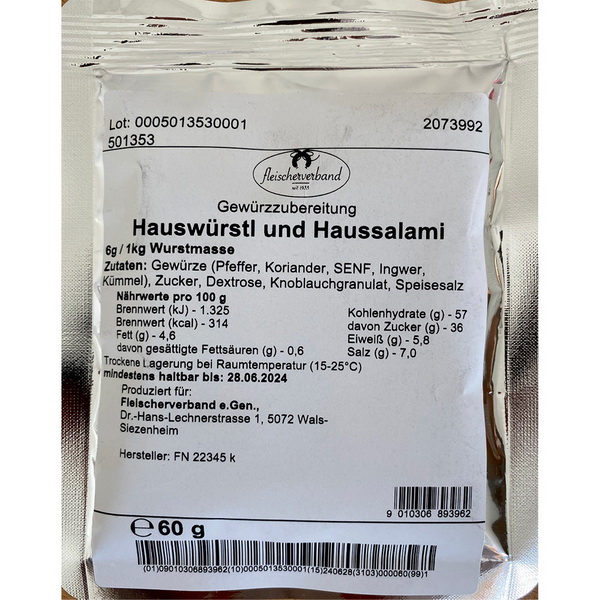 Hauswürstel und Haussalmi ohne Salpeter 60 g