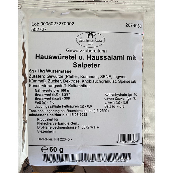 Hauswürstel und Haussalmi mit Salpeter 60 g